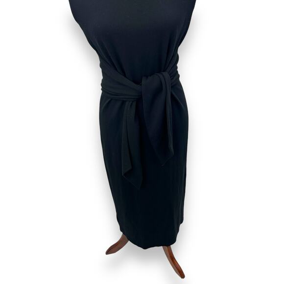Ann Taylor Black Sheath Dress Tie Waist Midi Size 10 Minimalist Quiet Luxury - Picture 3 of 11